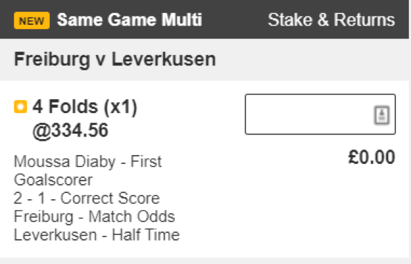 Betfair betslip with Same Game Multi on Freiburg v Leverkusen