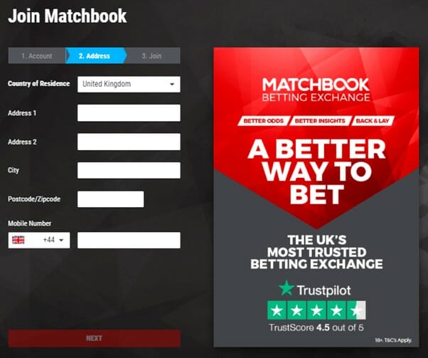 Matchbook Registration Screenshot