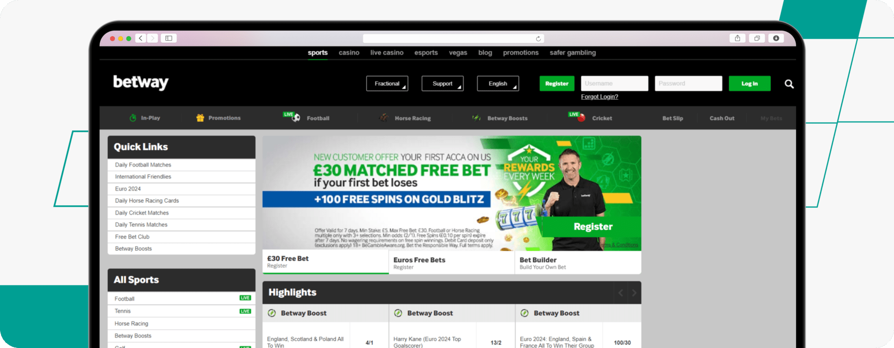 desktop screenshot of betway homepage cash out betting