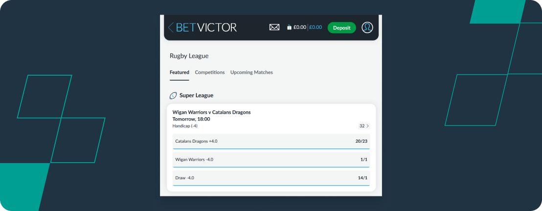 Screenshot of BetVictor Rugby Betting Markets.