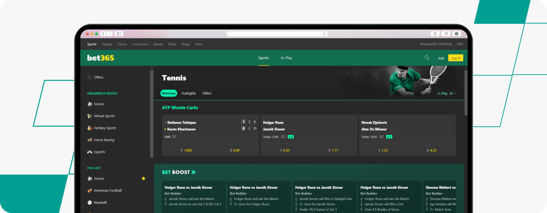 screenshot of bet365 tennis betting page