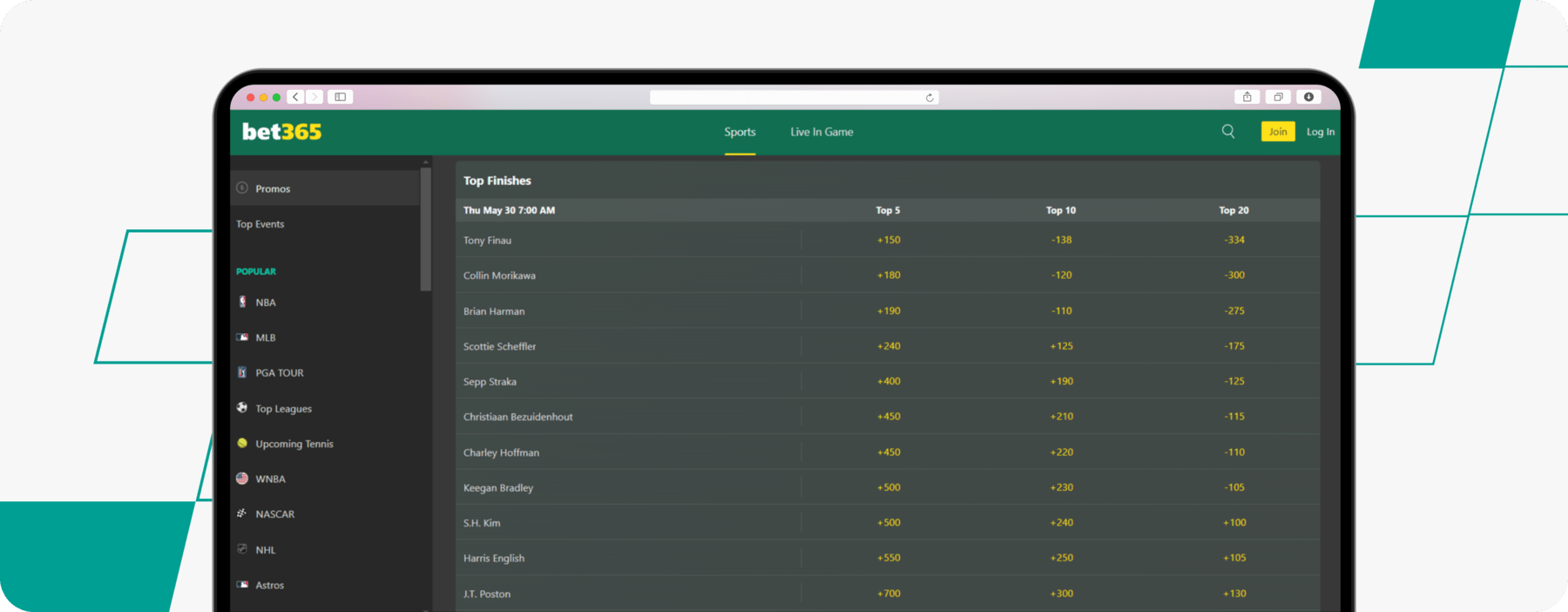 screenshot of bet365 Golf bet tips desktop